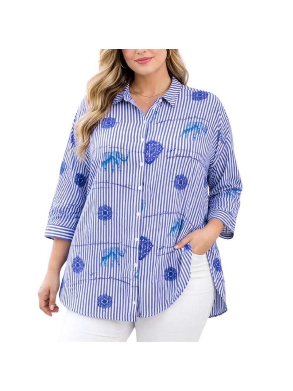 Chico’s Blue Stripe Elephant Print Button Down Shirt Tunic Coastal Boho M